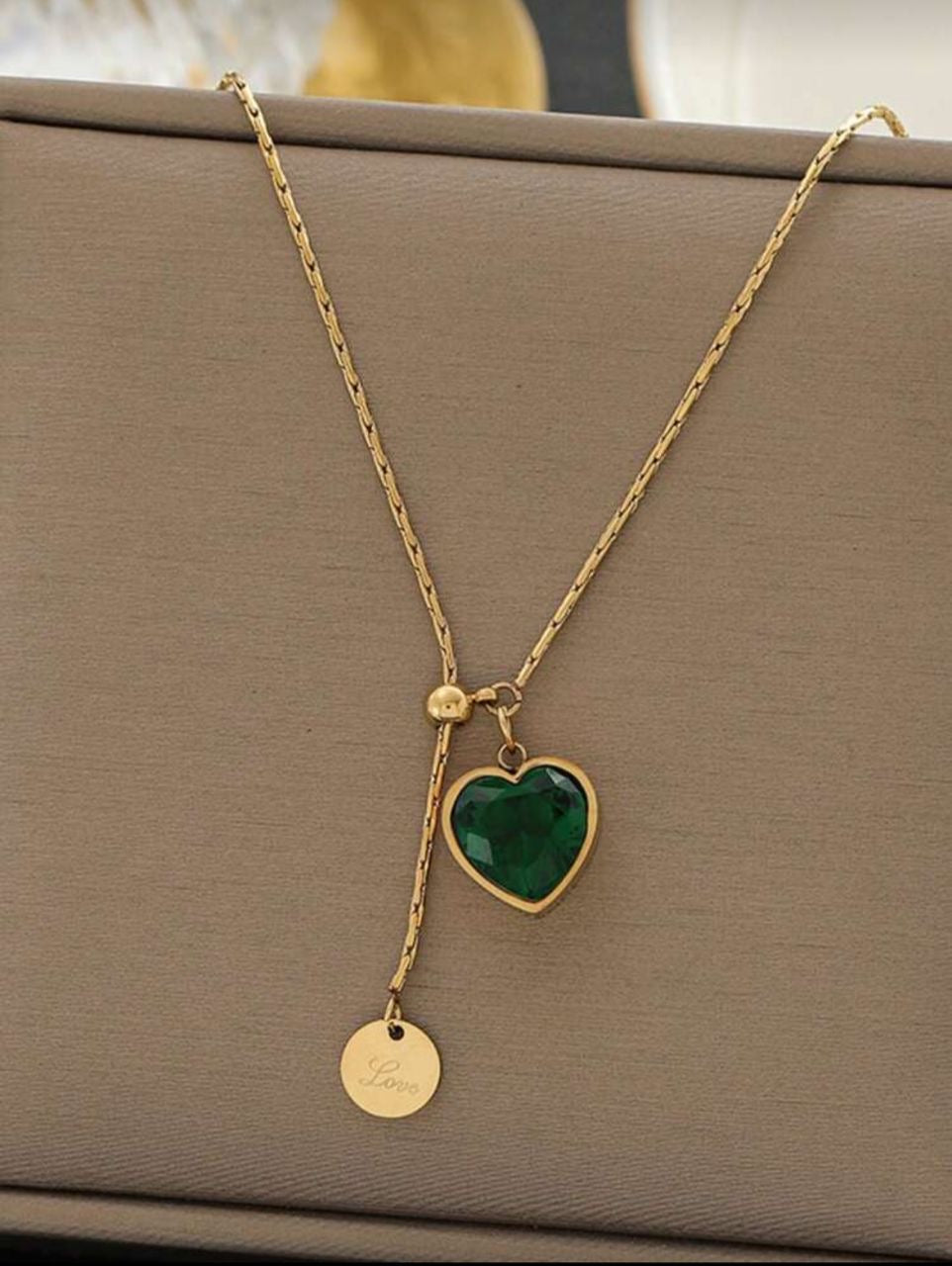 Green Emerald Diamond Heart Gold Titanium Steel Adjustable Necklace