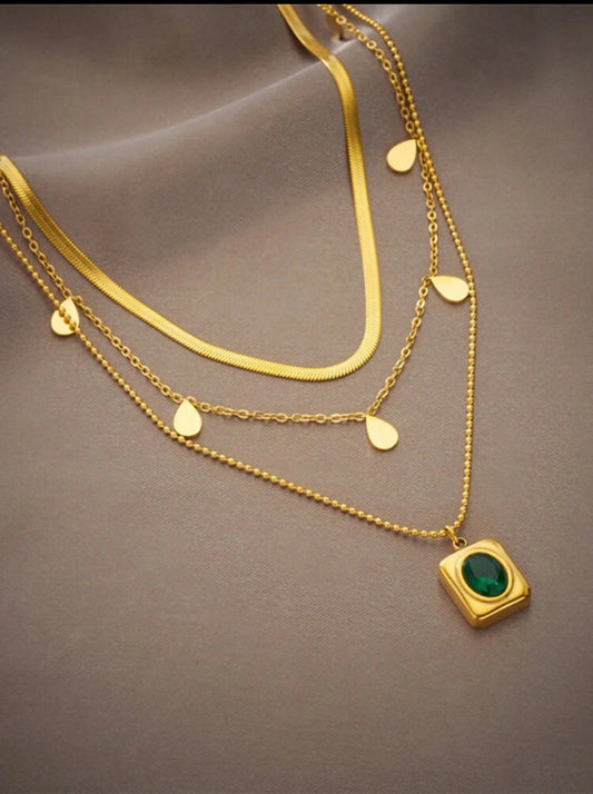 Zuri Z1013 Gold 3 Pcs Stainless Steel Multi-layered Necklace With Green Elliptical Square Pendant And Water Drop Charms. - Trillingo Express Online Marketplace
