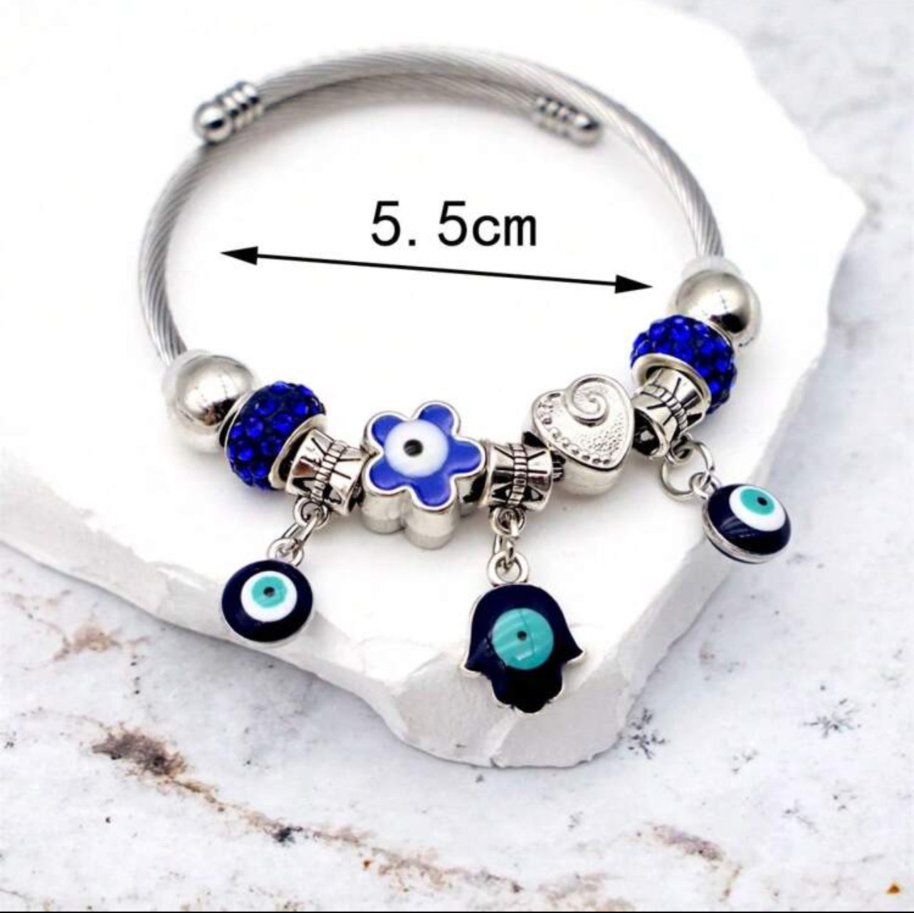 Zuri Z1027 Stainless Steel Bracelet With Heart, Star & Palm Shaped Charm, Blue Stars, Full Rhinestone & Evil Eye Design Jewellery For Women, Ideal Gift - Trillingo Express Online Marketplace