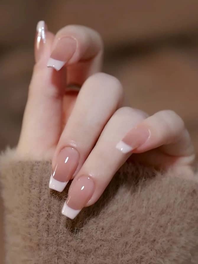 Long Coffin Shaped White French Manicure Nails (24pcs)