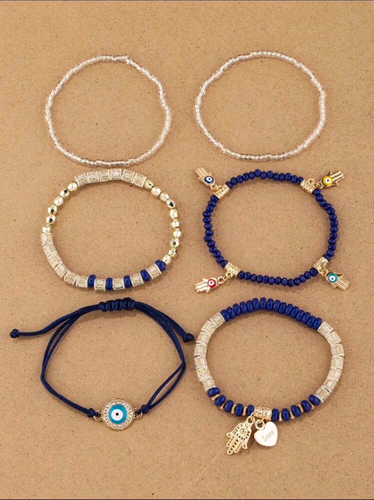 Zuri Z1017 6pcs/set Eye Detail Hamsa Hand & Heart Charm Beaded Bracelet. - Trillingo Express Online Marketplace