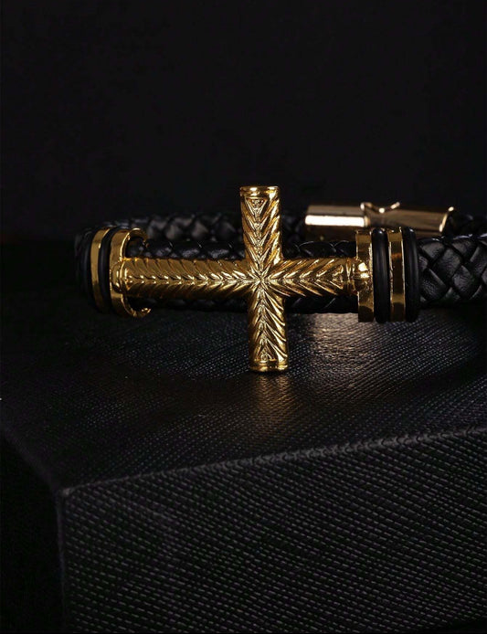 Zuri Z1016 Luxury Cross Bracelet Golden Cross Design Classic Men's PU Leather Bracelet Handsome . - Trillingo Express Online Marketplace