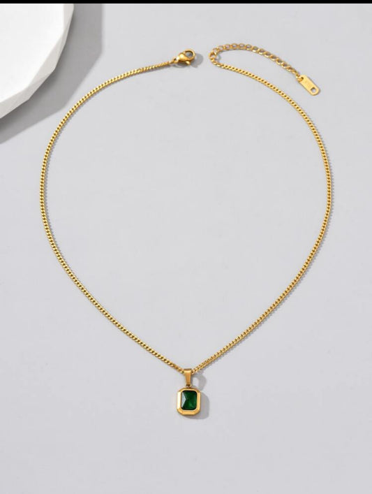 Zuri Z1015 Vintage Green Square Zirconia & Gold Tone Stainless Steel Necklace For Women. - Trillingo Express Online Marketplace