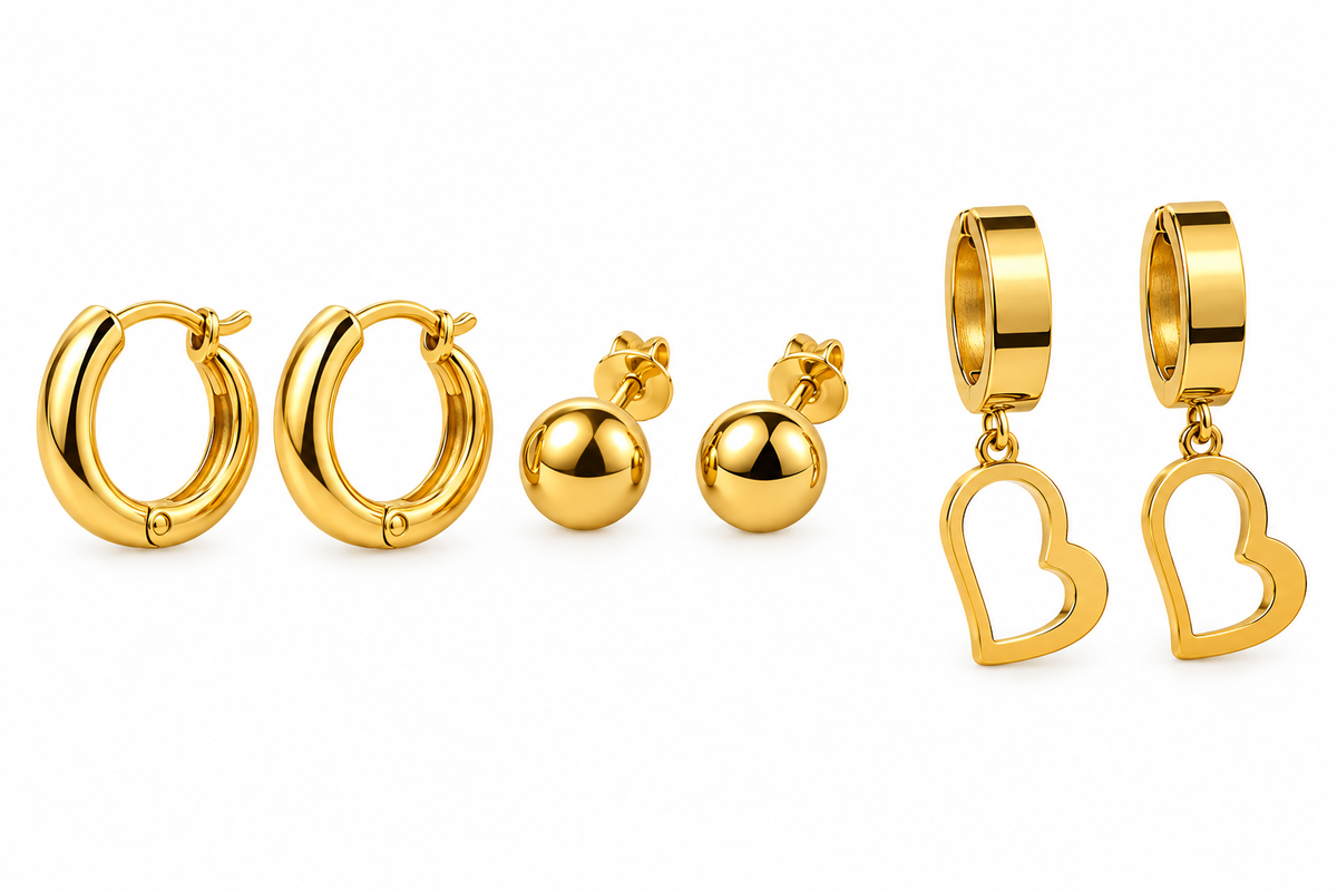 Gold Tone Steel Hoops & Studs Earrings