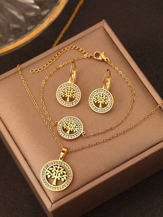 Zuri Z1025 Stainless Steel Gold Set: Money Tree Shaped Pendant With Exquisite Crystal & Rhinestone Detail Necklace, Bracelet, Earrings For Women's. - Trillingo Express Online Marketplace