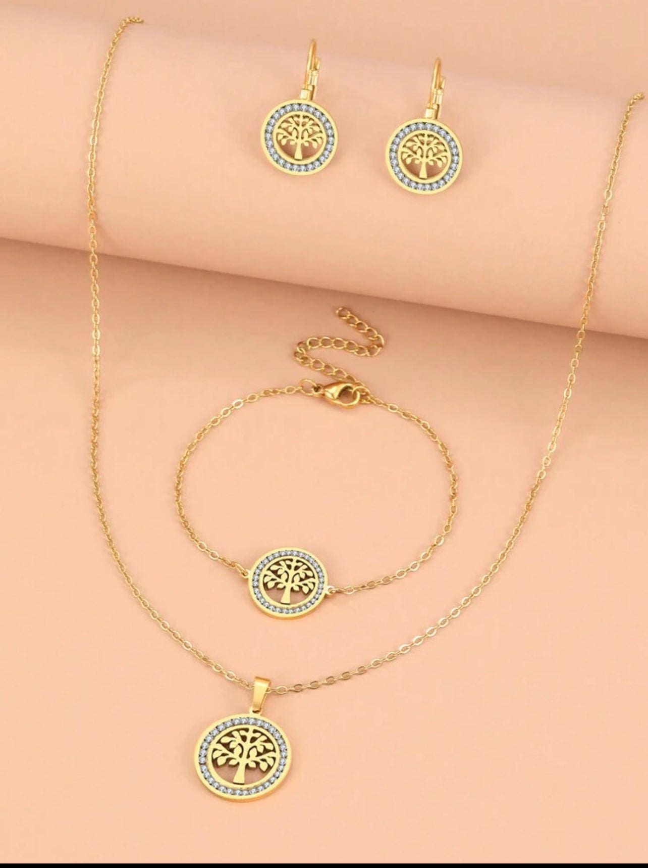 Zuri Z1025 Stainless Steel Gold Set: Money Tree Shaped Pendant With Exquisite Crystal & Rhinestone Detail Necklace, Bracelet, Earrings For Women's. - Trillingo Express Online Marketplace