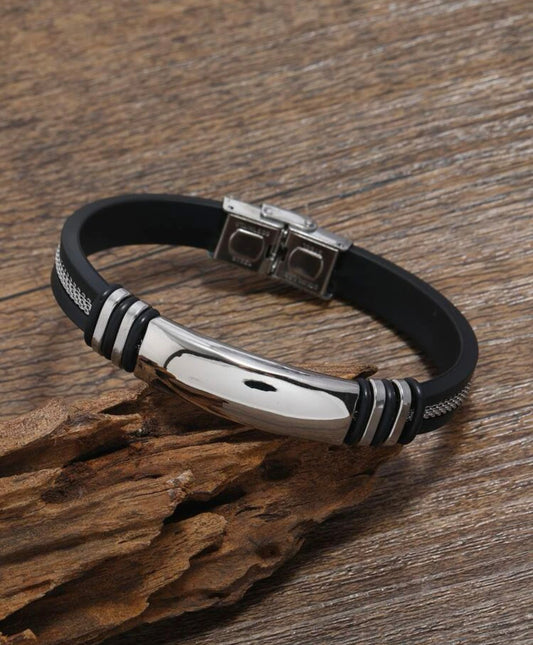 Zuri Z301 and Popular 1pc Men Metal Decor Bracelet, Stainless Steel and black rubber Jewelry and for a Stylish Look Z301 - Trillingo Express Online Marketplace