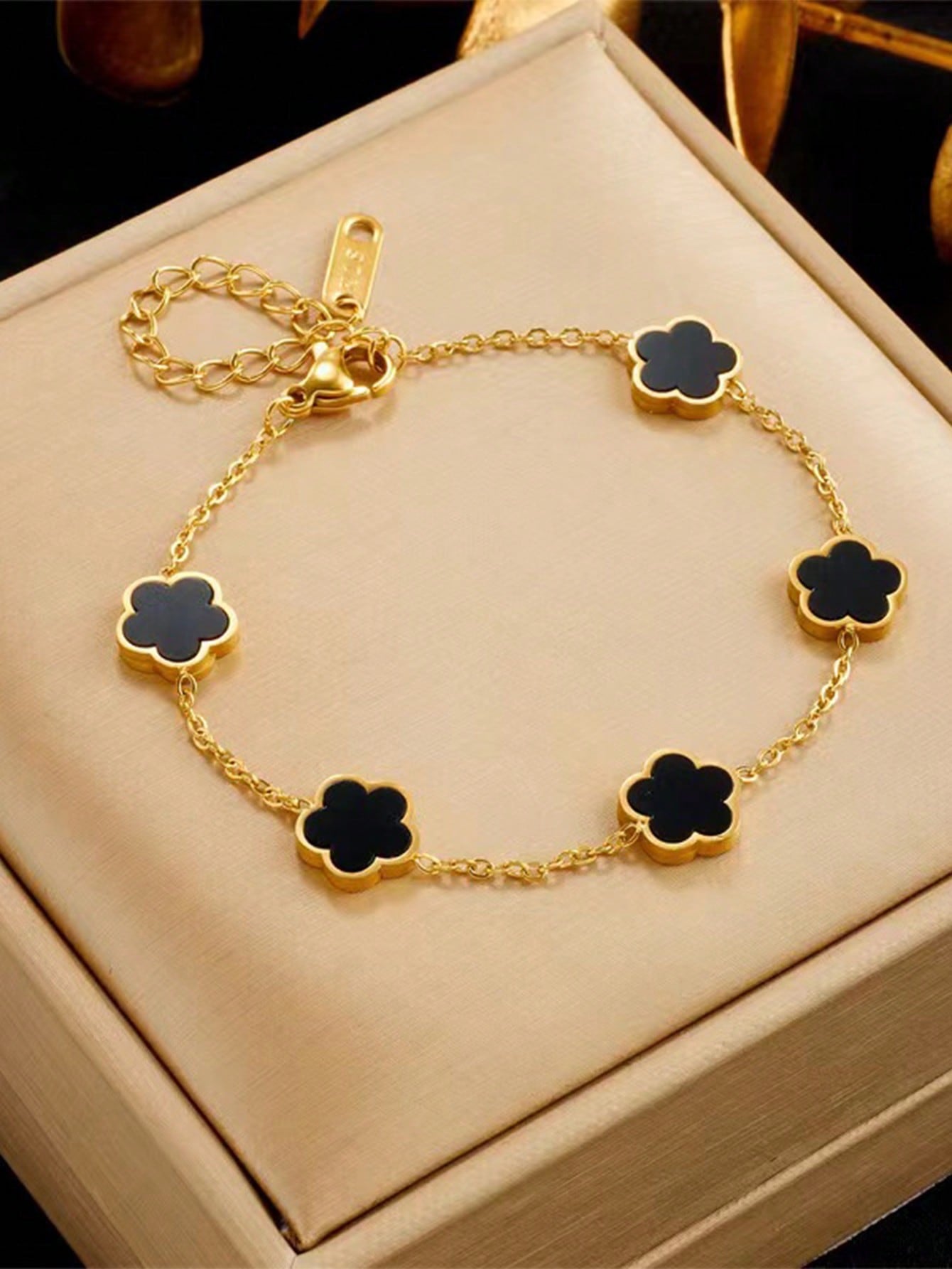 Gold Plated Four Leaf Clover Bracelet Black - Trillingo Express Online Marketplace