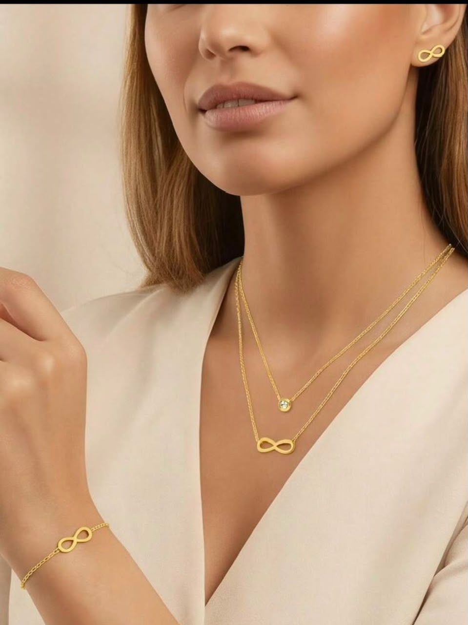 Gold Plated Infinity Multi Layer Pendant Layered Necklace & Bracelet Set