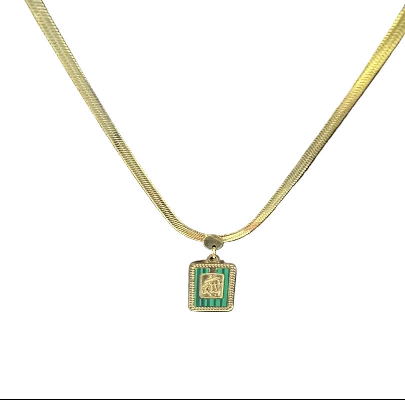 Gold Green Square Religious Pendant Necklace