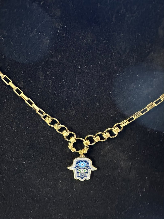 Gold Tone Hamsa Hand Evil Eye Chain Necklace