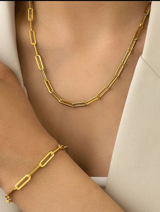 Simple Gold Link Necklace Set  18k steel