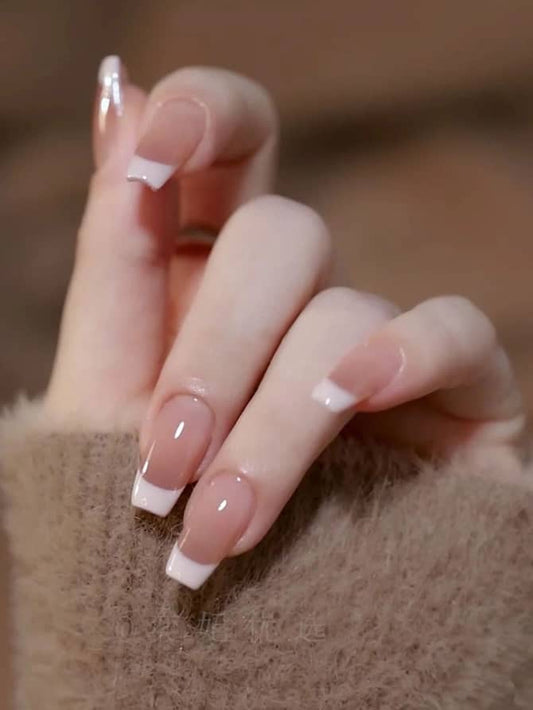Long Coffin Shaped White French Manicure Nails (24pcs)