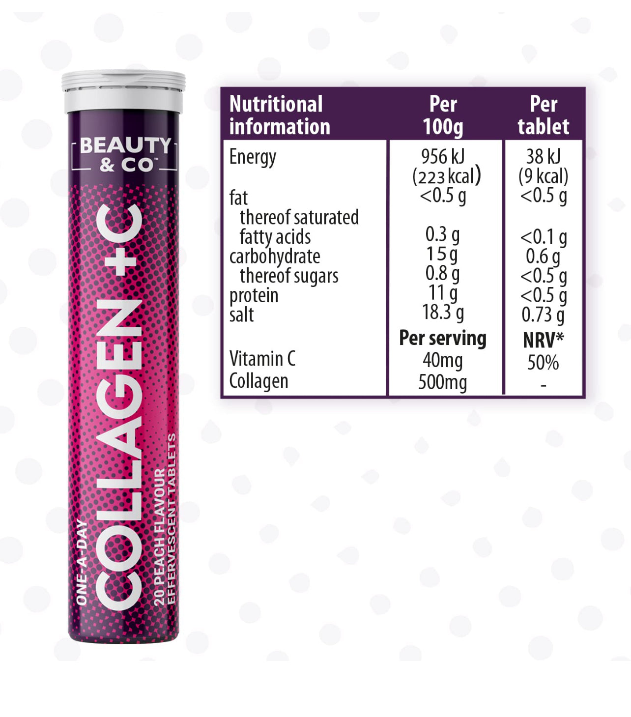 Beauty & Co Marine Collagen & Vitamin C Supplement 500mg Per Tablet 20 Tablets