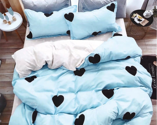 Black & Light Blue Heart Complete Bed Sheet Set - Trillingo Express Online Marketplace