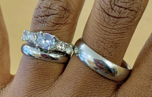 Three Crown Wedding Ring Set Stainless Steel Silver