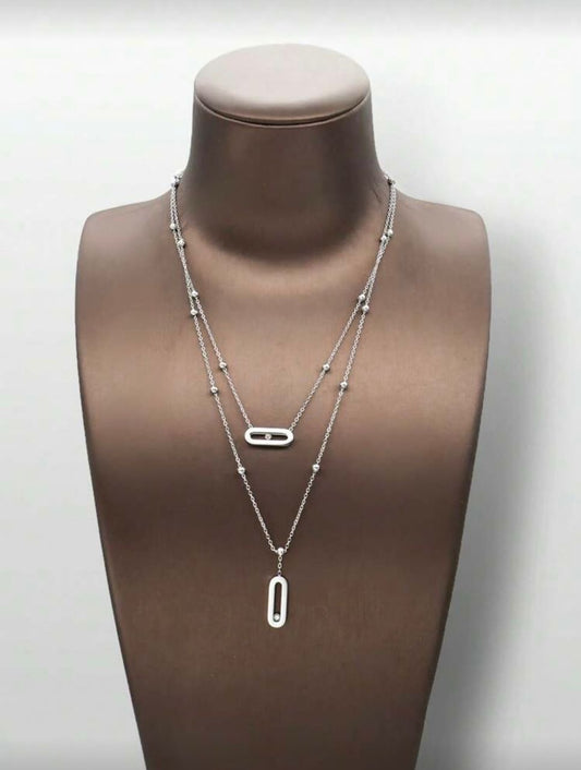 Rectangle Rhinestone Accented silver Necklace st