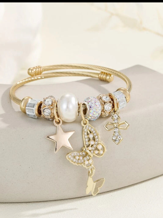 Zuri Z1022 Fashionable Stainless Steel Star & Rhinestone Butterfly Charm Bangle For Women For Daily. - Trillingo Express Online Marketplace