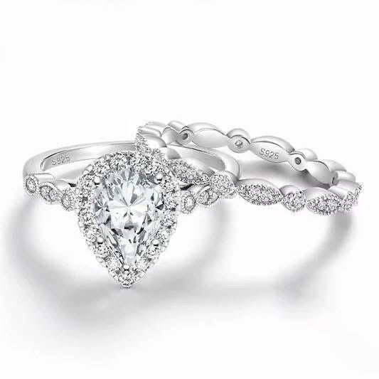 Sterling Silver St Diamond Pear Teardrop Cubic Zirconia Bridal Ring Set S925 003