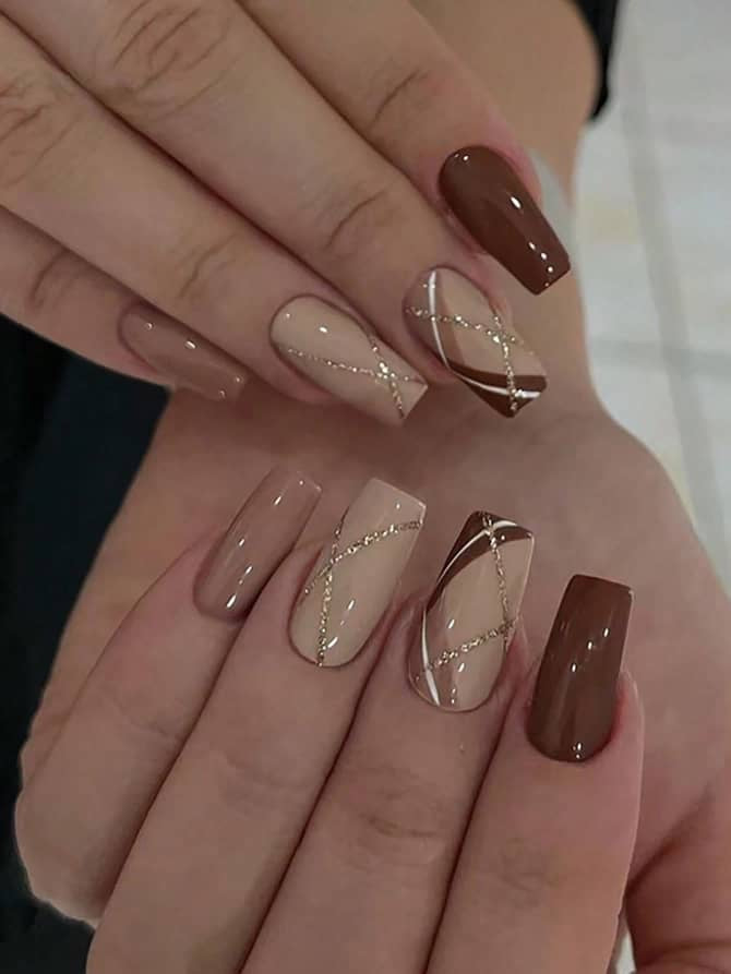 Long Coffin Shaped Gold Glitter Nails (24pcs)