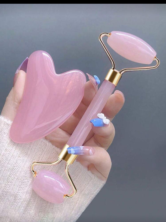 2-Piece Pink Face Beauty Massage Tool Set Roller & Gua Sha