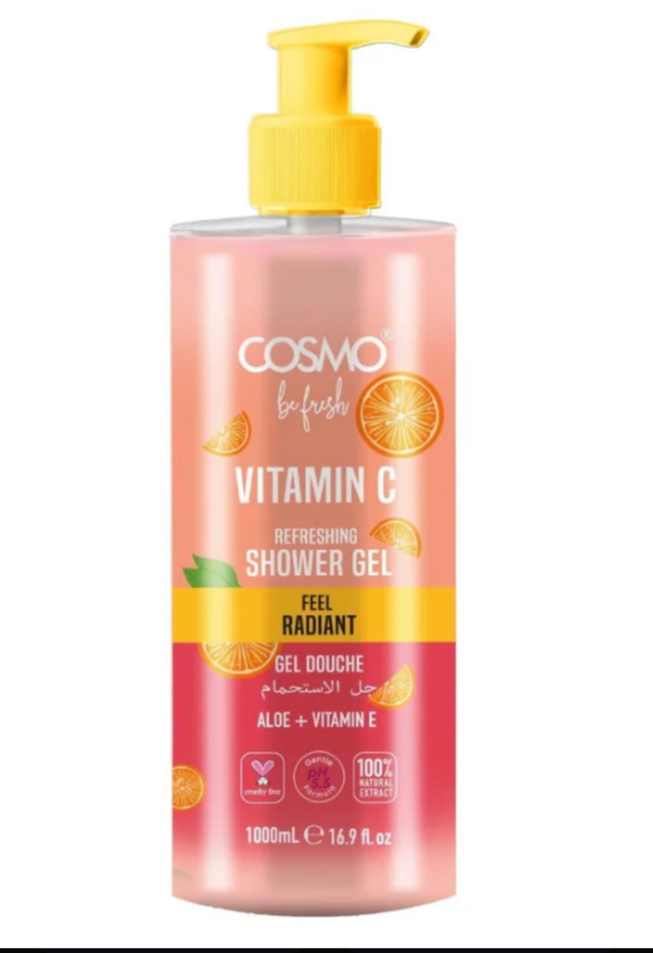 Cosmo Vitamin C Shower Gel – Feel Radiant (Aloe + Vitamin E, 1000ml / 33.8 fl oz)
