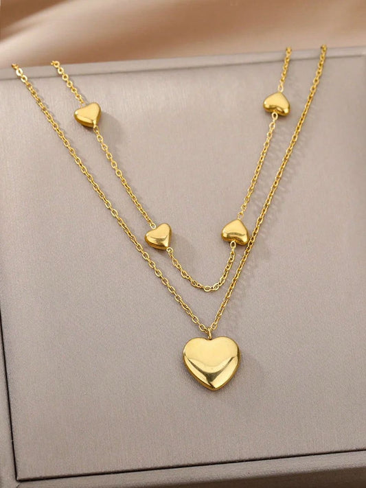 Double Layer Small and Big Gold Heart Necklace  Clavicle St