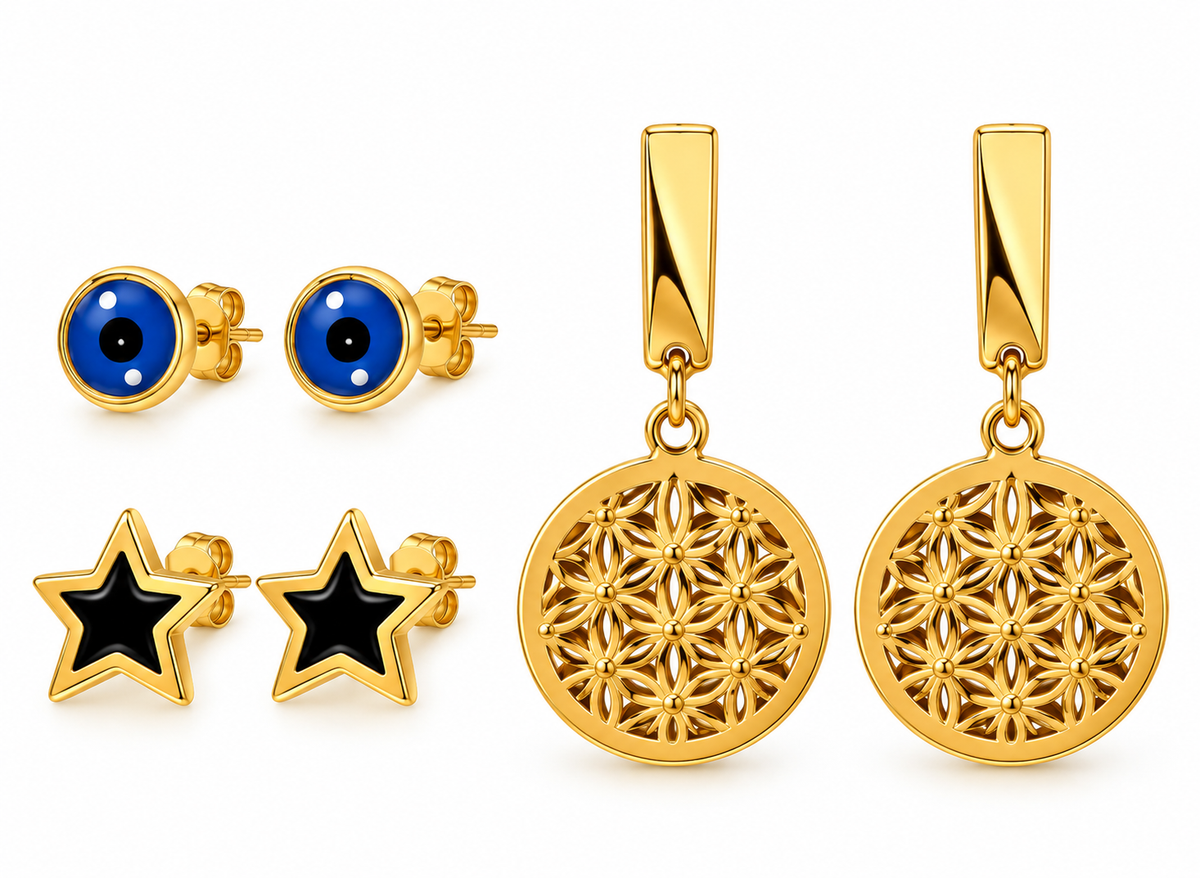 Gold Tone Steel Floral Drop Earrings & Star Stud Set