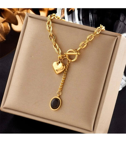 Zuri 1pc Black Gemstone Oval Love Heart Shaped Pendant On Titanium Steel Chain Necklace Z124 - Trillingo Express Online Marketplace