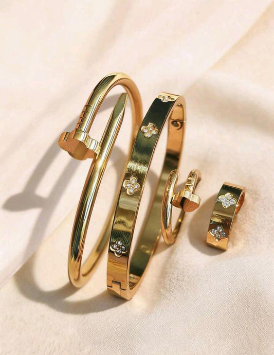 4pcs SS Flower Clover Hall Gold Bangle Ring Set