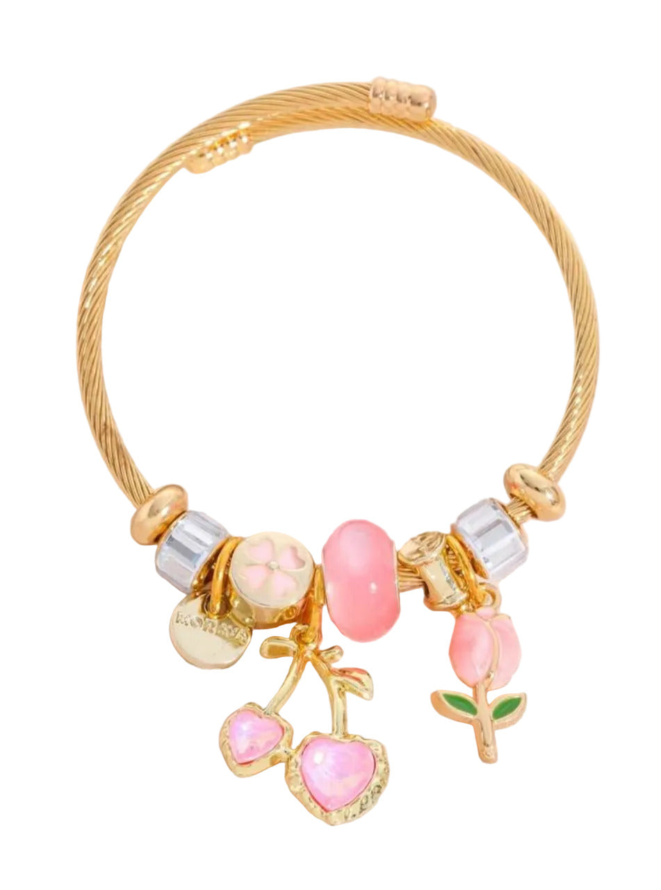 Gold Plated Pink Cherry Charm Bangle