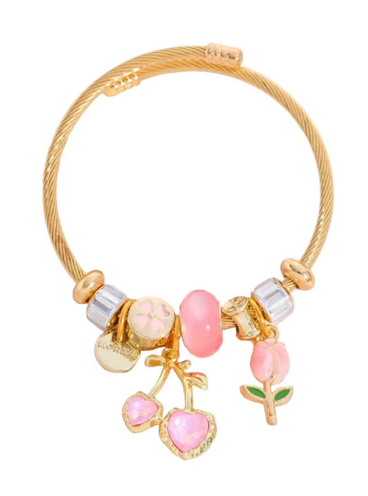 Gold Plated Pink Cherry Charm Bangle