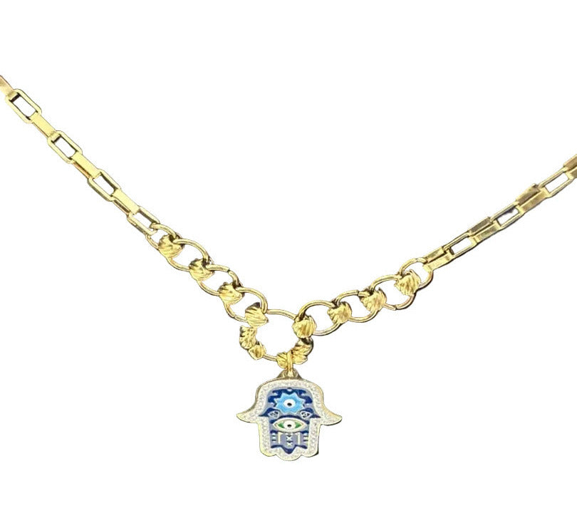 Gold Tone Hamsa Hand Evil Eye Chain Necklace