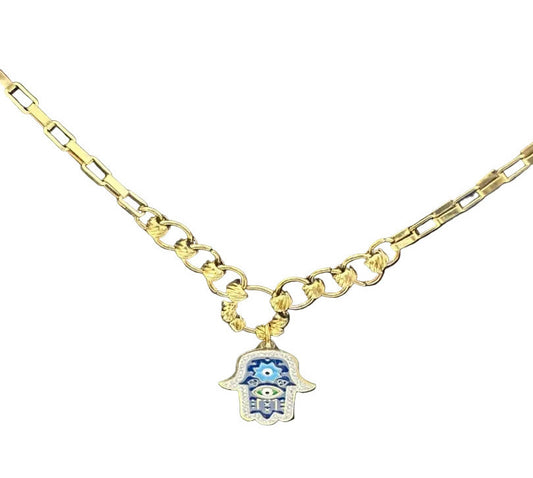 Gold Tone Hamsa Hand Evil Eye Chain Necklace