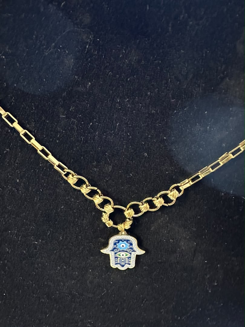 Gold Tone Hamsa Hand Evil Eye Chain Necklace
