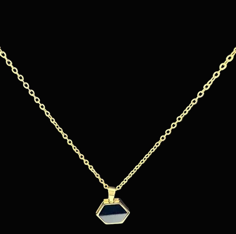 Gold Tone Black Hexagon Chain Necklace