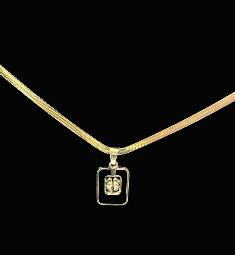 Gold Tone Square Black Flower Chain Necklace