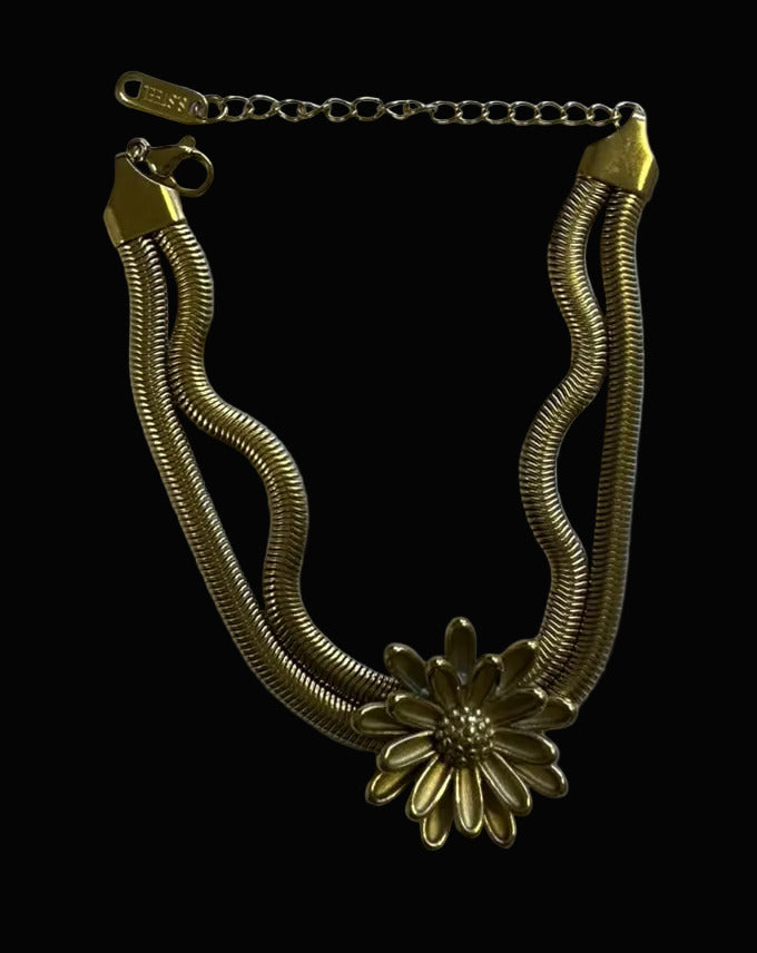Gold Tone Double Snake Chain Floral Bracelet