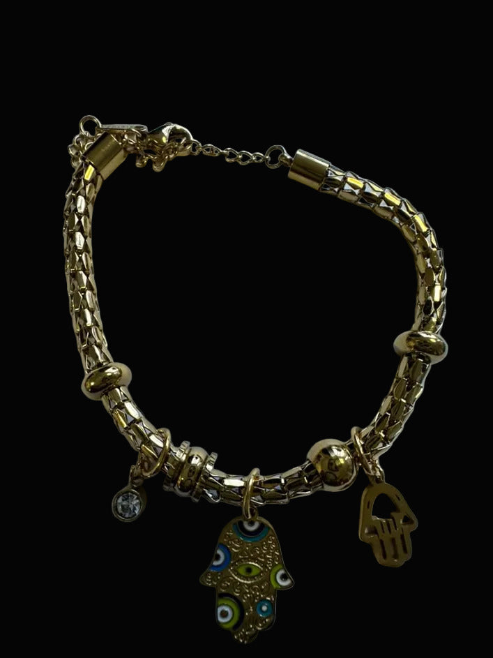 Gold Tone Hamsa Hand Evil Eye Chain Bracelet